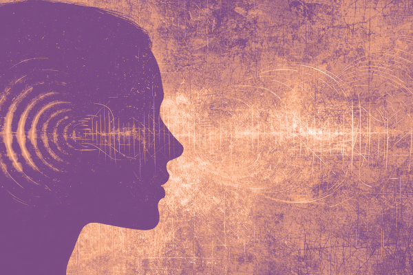 A side profile silhouette of a human head facing left, with concentric sound waves radiating from the ear area.