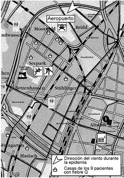 Mapa que indica el aeropuerto y los domicilios de los 9 enfermos de fiebre Q.