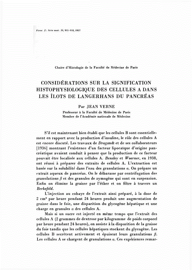 First page of CONSIDÉRATIONS SUR LA SIGNIFICATION HISTOPHYSIOLOGIQUE DES CELLULES A DANS LES SPACELOTS DE LANGERHANS DU PANCRÉAS