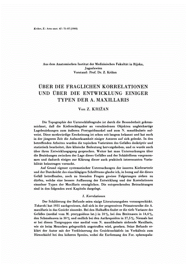 First page of ÜBER DIE FRAGLICHEN KORRELATIONEN UND ÜBER DIE ENTWICKLUNG EINIGER TYPEN DER A. MAXILLARIS