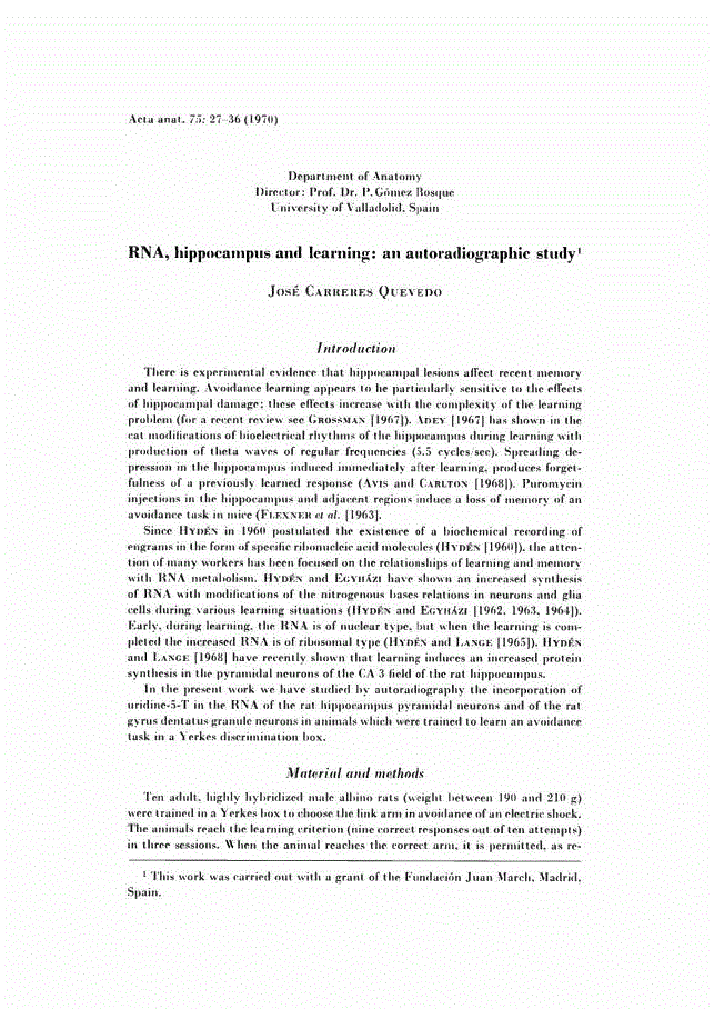 RNA, hippocampus and learning an autoradiographic study Acta