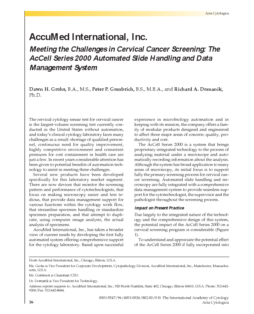 First page of AccuMed International, Inc.<subtitle>Meeting the Challenges in Cervical Cancer Screening: The AcCell Series 2000 Automated Slide Handling and Data Management System</subtitle>