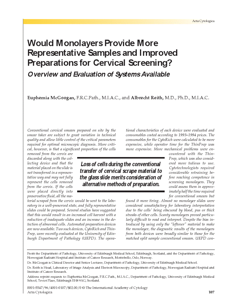 First page of Would Monolayers Provide More Representative Samples and Improved Preparations for Cervical Screening?<subtitle>Overview and Evaluation of Systems Available</subtitle>