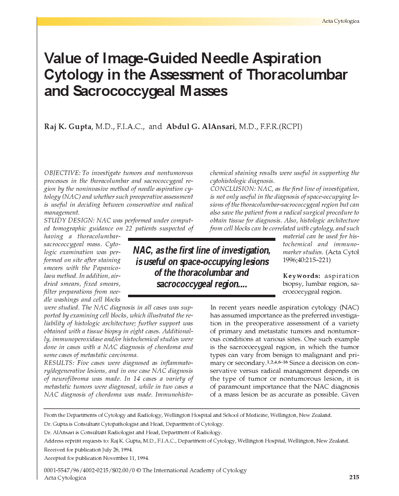 First page of Value of Image-Guided Needle Aspiration Cytology in the Assessment of Thoracolumbar and Sacrococcygeal Masses