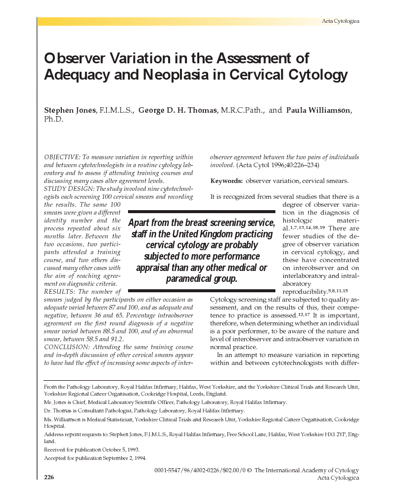 First page of Observer Variation in the Assessment of Adequacy and Neoplasia in Cervical Cytology