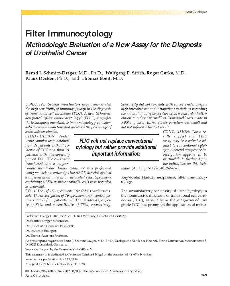 First page of Filter Immunocytology<subtitle>Methodologic Evaluation of a New Assay for the Diagnosis of Urothelial Cancer</subtitle>