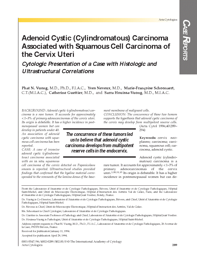 First page of Adenoid Cystic (Cylindromatous) Carcinoma Associated with Squamous Cell Carcinoma of the Cervix Uteri<subtitle>Cytologic Presentation of a Case with Histologic and Ultrastructural Correlations</subtitle>