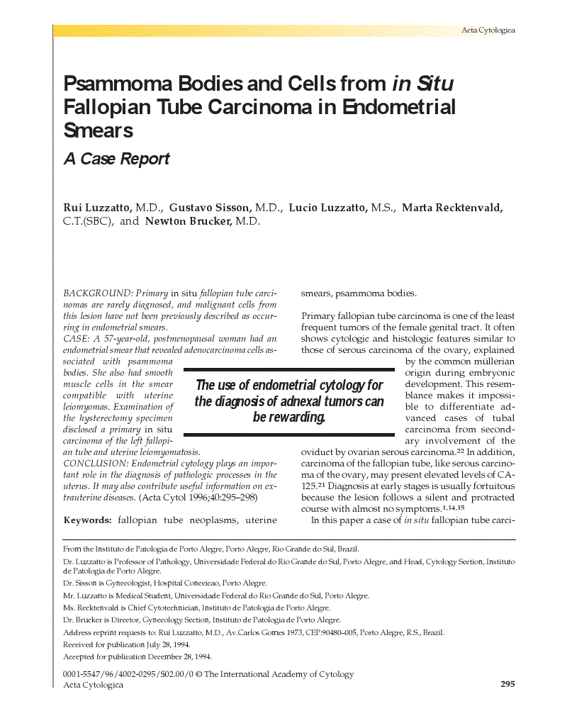 First page of Psammoma Bodies and Cells from <italic>in Situ</italic> Fallopian Tube Carcinoma in Endometrial Smears<subtitle>A Case Report</subtitle>