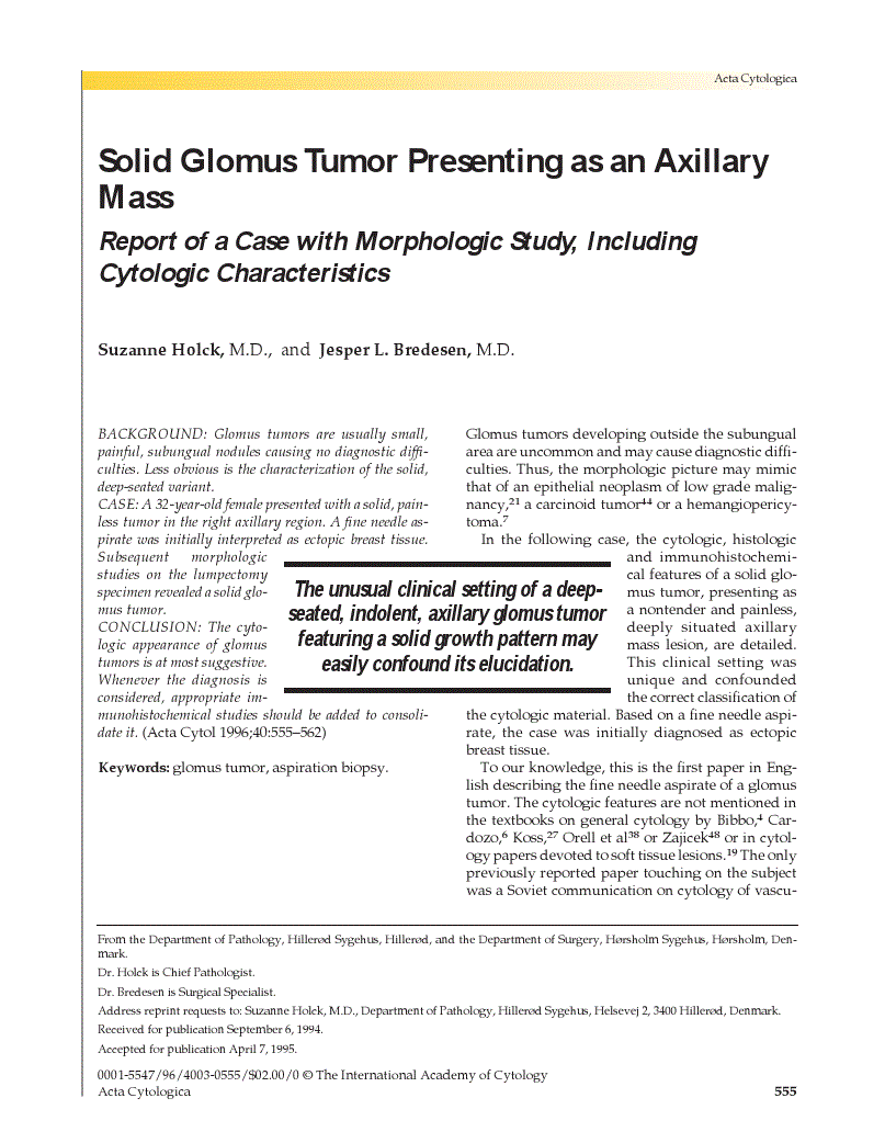 First page of Solid Glomus Tumor Presenting as an Axillary Mass<subtitle>Report of a Case with Morphologic Study, Including Cytologic Characteristics</subtitle>