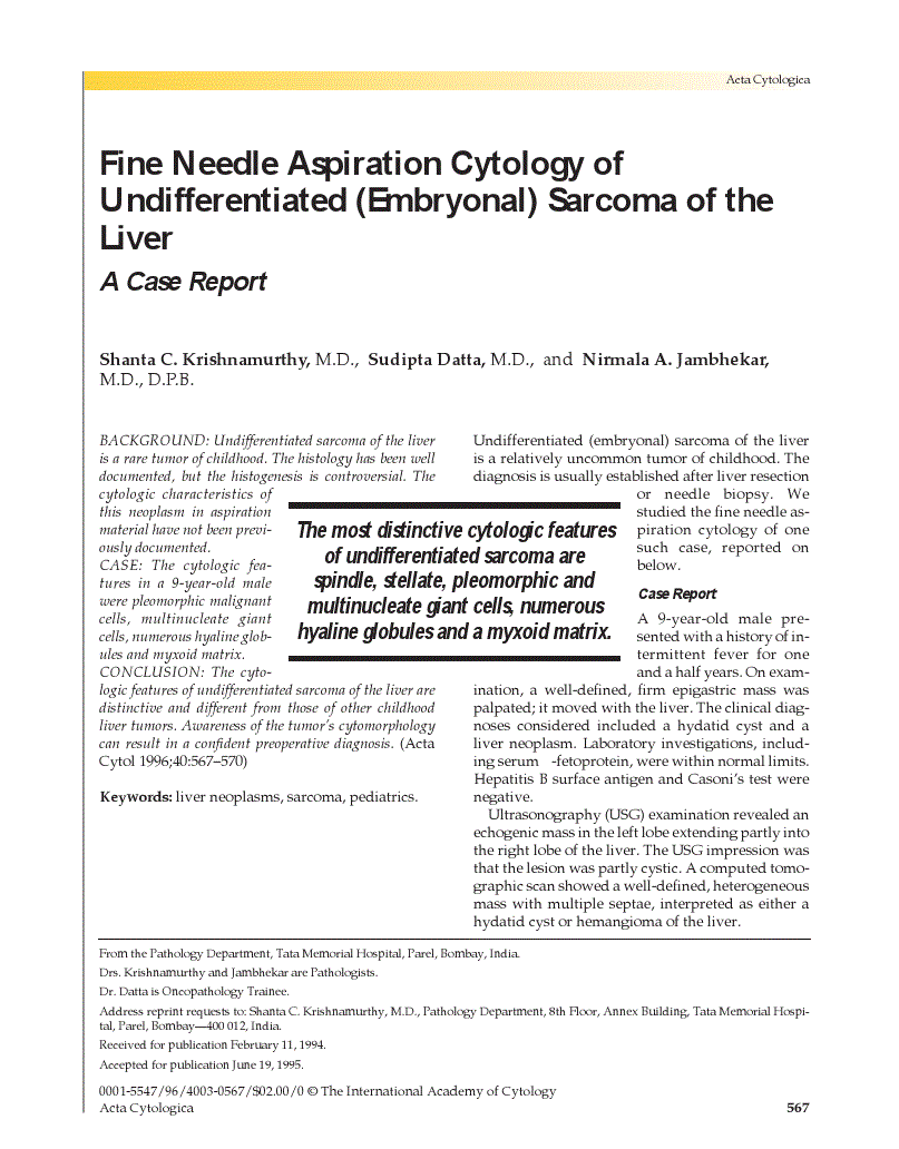 First page of Fine Needle Aspiration Cytology of Undifferentiated (Embryonal) Sarcoma of the Liver<subtitle>A Case Report</subtitle>