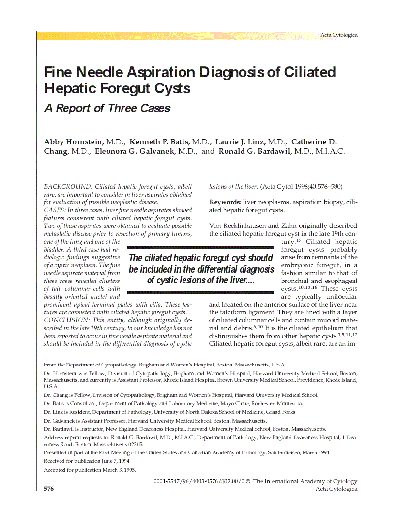 First page of Fine Needle Aspiration Diagnosis of Ciliated Hepatic Foregut Cysts<subtitle>A Report of Three Cases</subtitle>