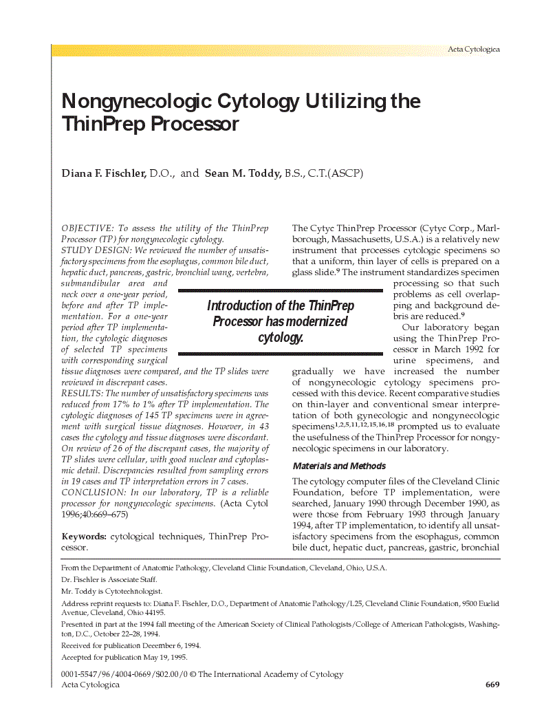 First page of Nongynecologic Cytology Utilizing the ThinPrep Processor