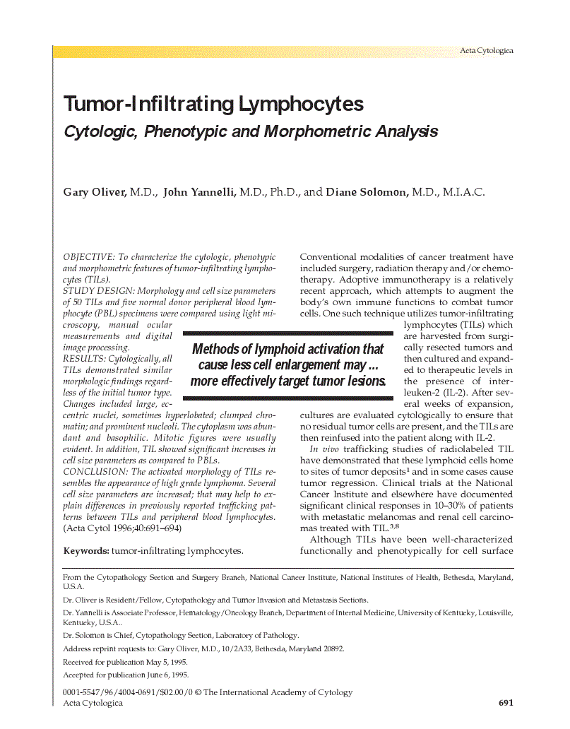 First page of Tumor-Infiltrating Lymphocytes<subtitle>Cytologic, Phenotypic and Morphometric Analysis</subtitle>