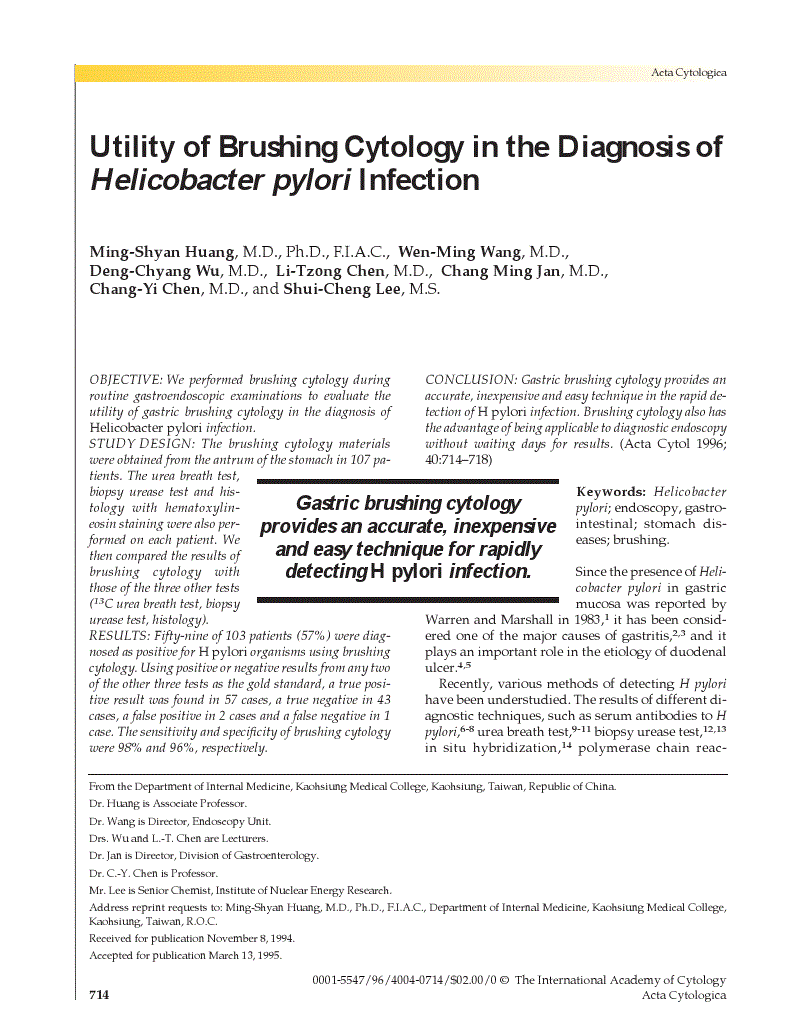 First page of Utility of Brushing Cytology in the Diagnosis of <italic>Helicobacter pylori</italic> Infection