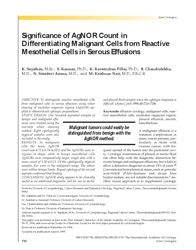 First page of Significance of AgNOR Count in Differentiating Malignant Cells from Reactive Mesothelial Cells in Serous Effusions