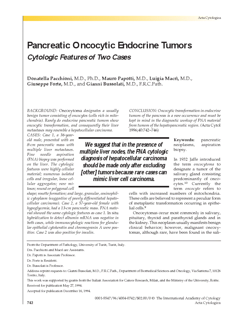 First page of Pancreatic Oncocytic Endocrine Tumors<subtitle>Cytologic Features of Two Cases</subtitle>