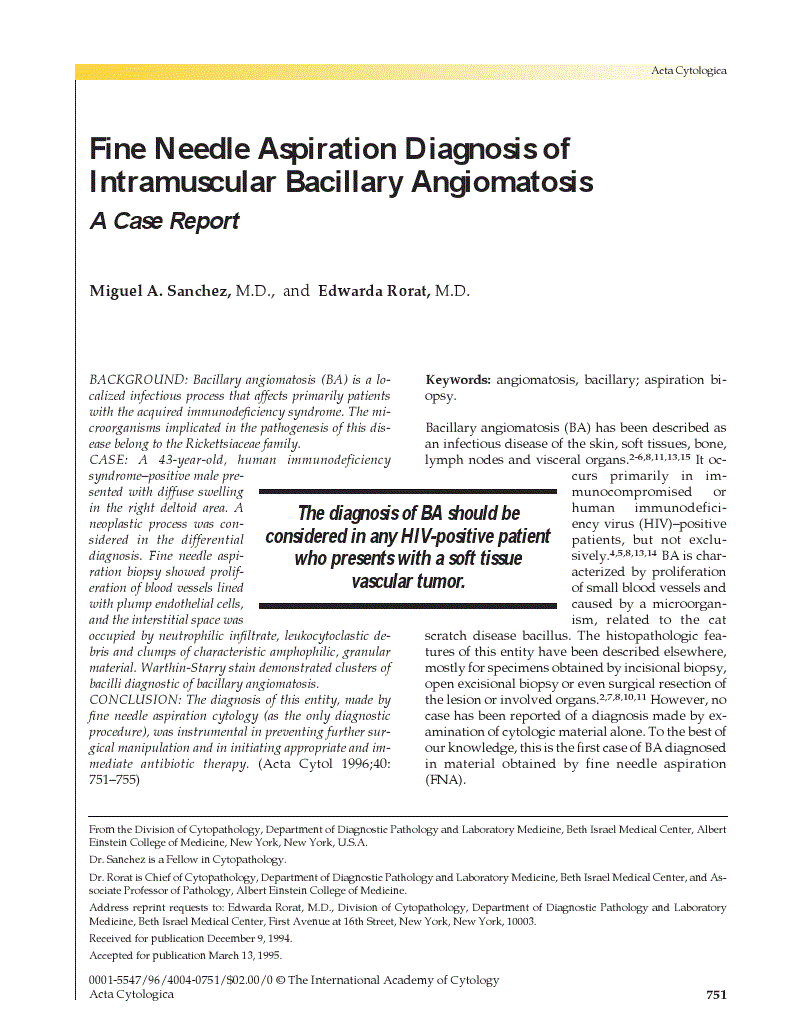 First page of Fine Needle Aspiration Diagnosis of Intramuscular Bacillary Angiomatosis<subtitle>A Case Report</subtitle>