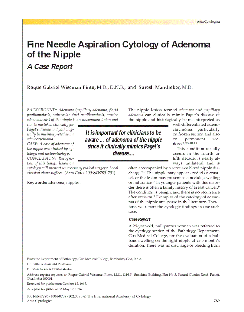 First page of Fine Needle Aspiration Cytology of Adenoma of the Nipple<subtitle>A Case Report</subtitle>
