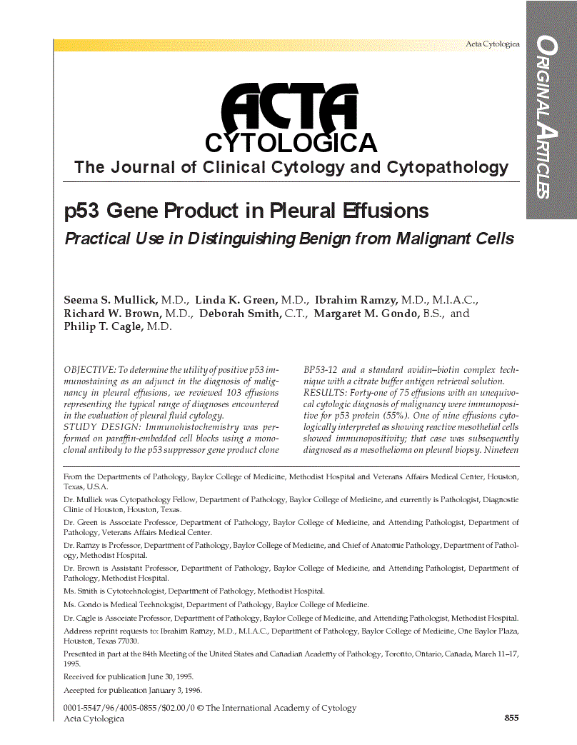 First page of p53 Gene Product in Pleural Effusions<subtitle>Practical Use in Distinguishing Benign from Malignant Cells</subtitle>