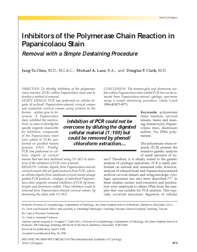 First page of Inhibitors of the Polymerase Chain Reaction in Papanicolaou Stain<subtitle>Removal with a Simple Destaining Procedure</subtitle>
