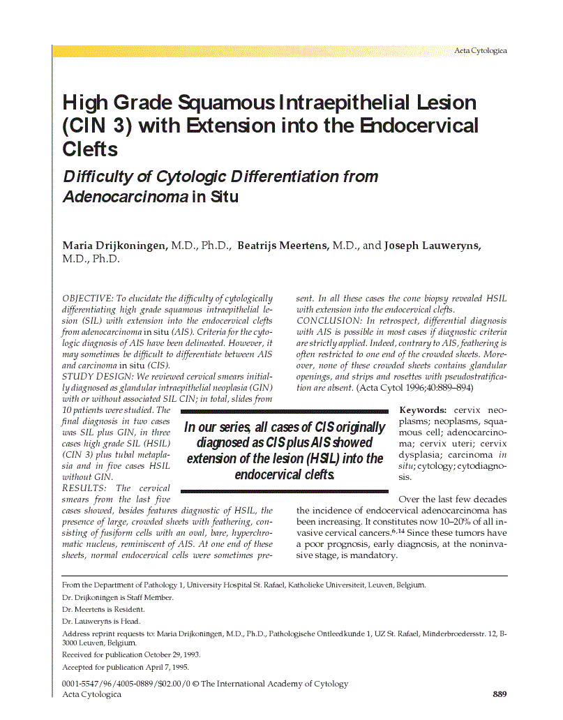 First page of High Grade Squamous Intraepithelial Lesion (CIN 3) with Extension into the Endocervical Clefts<subtitle>Difficulty of Cytologic Differentiation from Adenocarcinoma <italic>in Situ</italic></subtitle>
