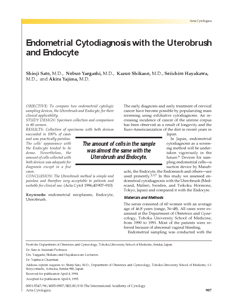 First page of Endometrial Cytodiagnosis with the Uterobrush and Endocyte
