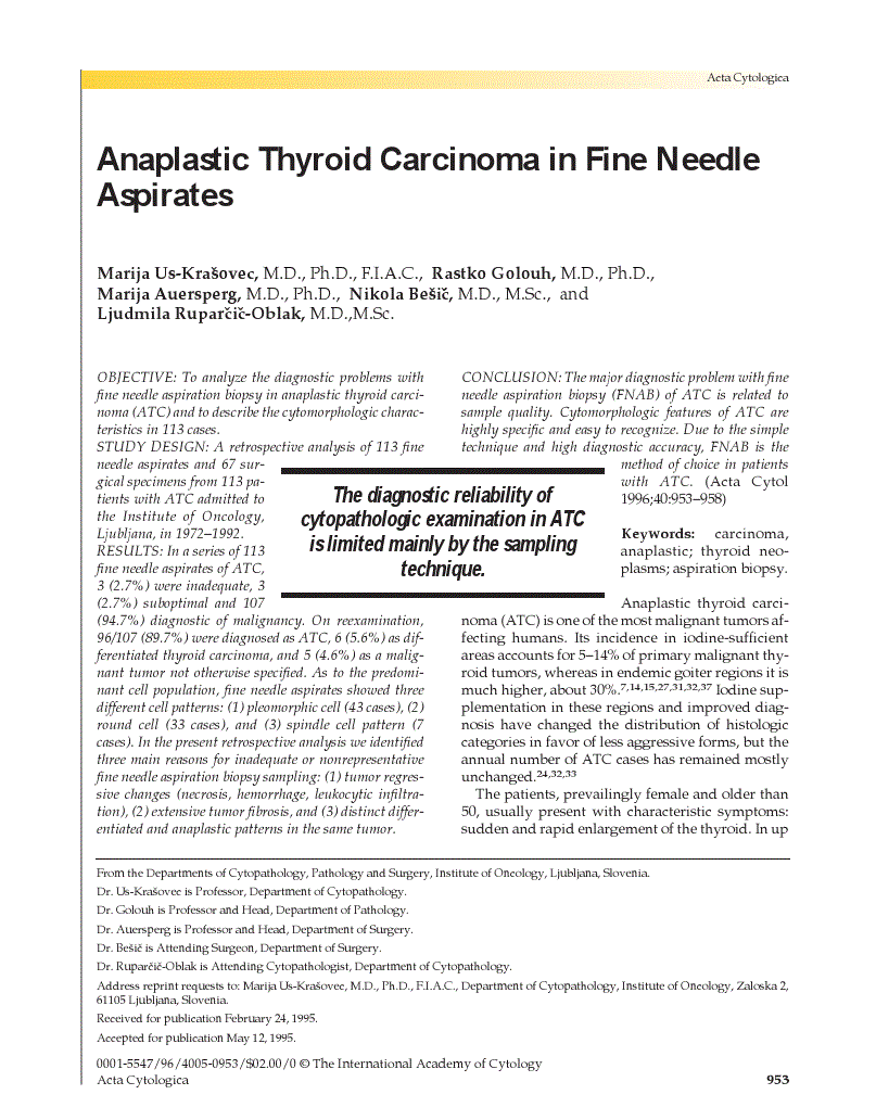 First page of Anaplastic Thyroid Carcinoma in Fine Needle Aspirates