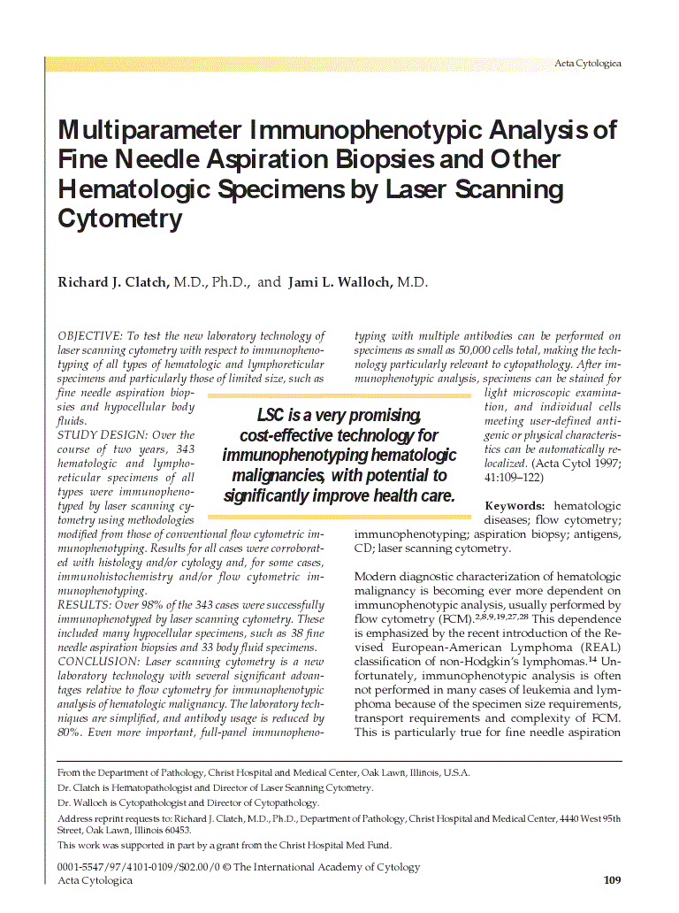 First page of Multiparameter Immunophenotypic Analysis of Fine Needle Aspiration Biopsies and Other Hematologic Specimens by Laser Scanning Cytometry