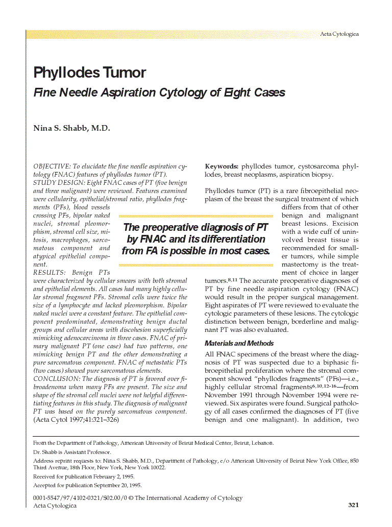 First page of Phyllodes Tumor<subtitle>Fine Needle Aspiration Cytology of Eight Cases</subtitle>