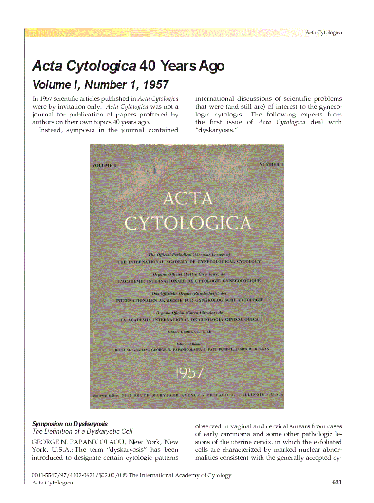 First page of Acta Cytologica 40 Years Ago<subtitle>Volume I, Number 1, 1957</subtitle>