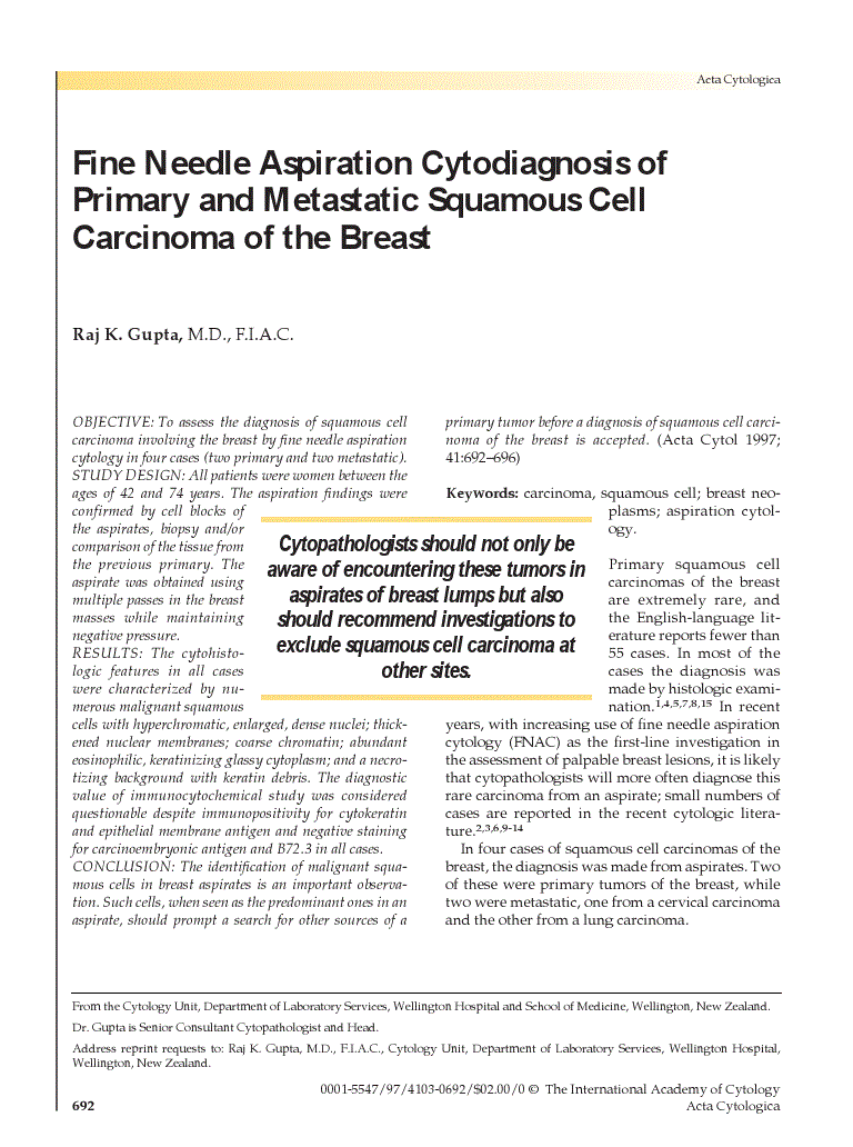 First page of Fine Needle Aspiration Cytodiagnosis of Primary and Metastatic Squamous Cell Carcinoma of the Breast