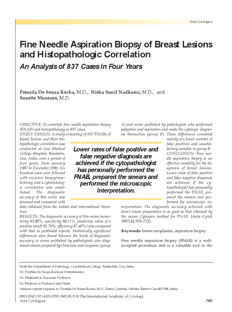 First page of Fine Needle Aspiration Biopsy of Breast Lesions and Histopathologic Correlation<subtitle>An Analysis of 837 Cases in Four Years</subtitle>