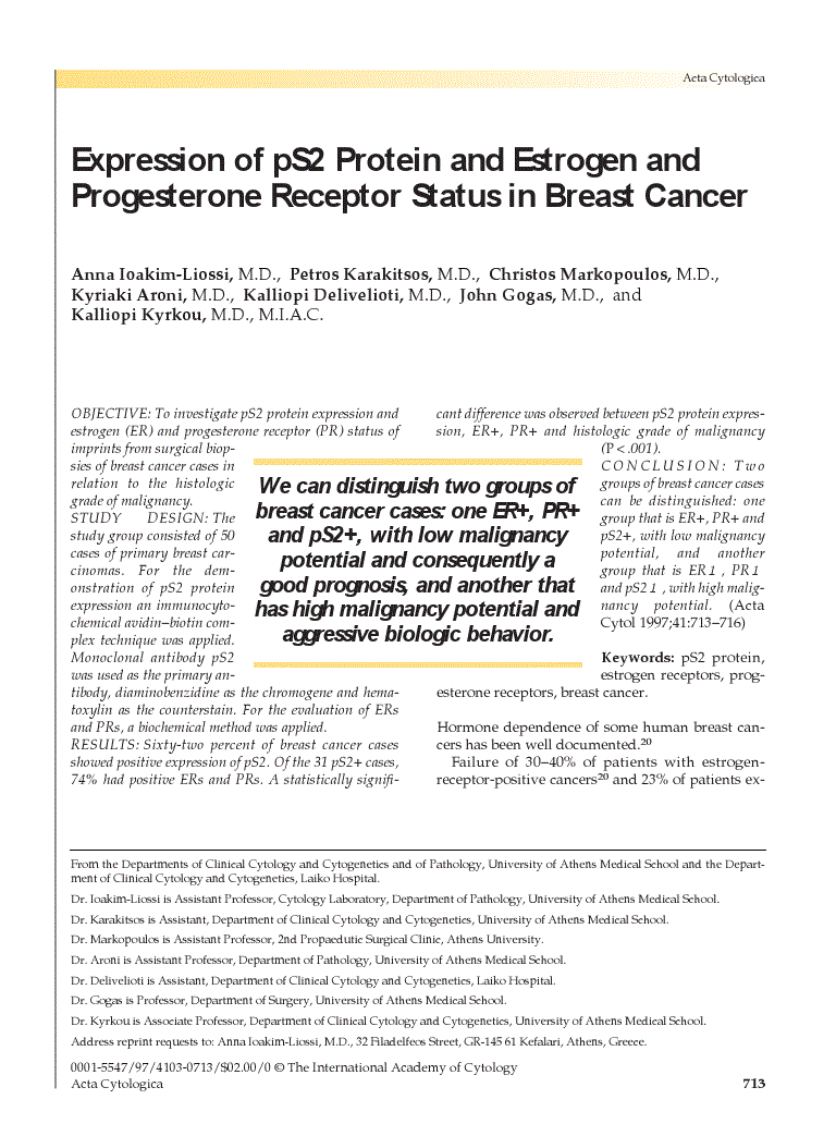 First page of Expression of pS2 Protein and Estrogen and Progesterone Receptor Status in Breast Cancer