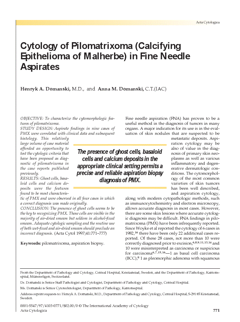 First page of Cytology of Pilomatrixoma (Calcifying Epithelioma of Malherbe) in Fine Needle Aspirates