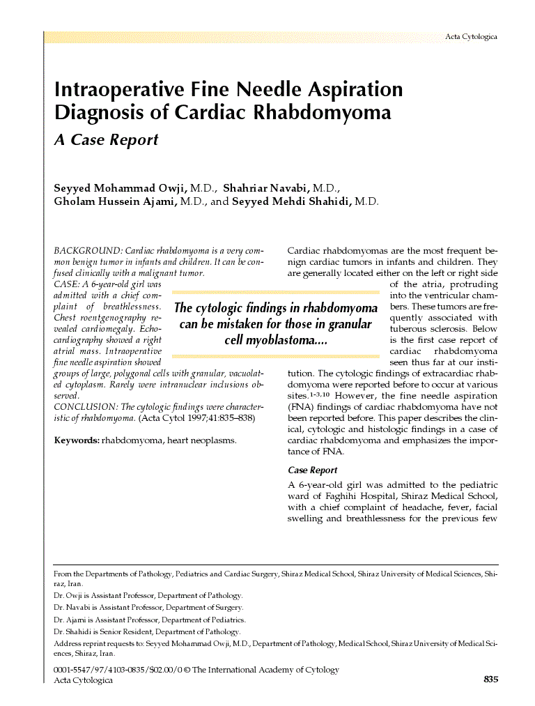 First page of Intraoperative Fine Needle Aspiration Diagnosis of Cardiac Rhabdomyoma<subtitle>A Case Report</subtitle>