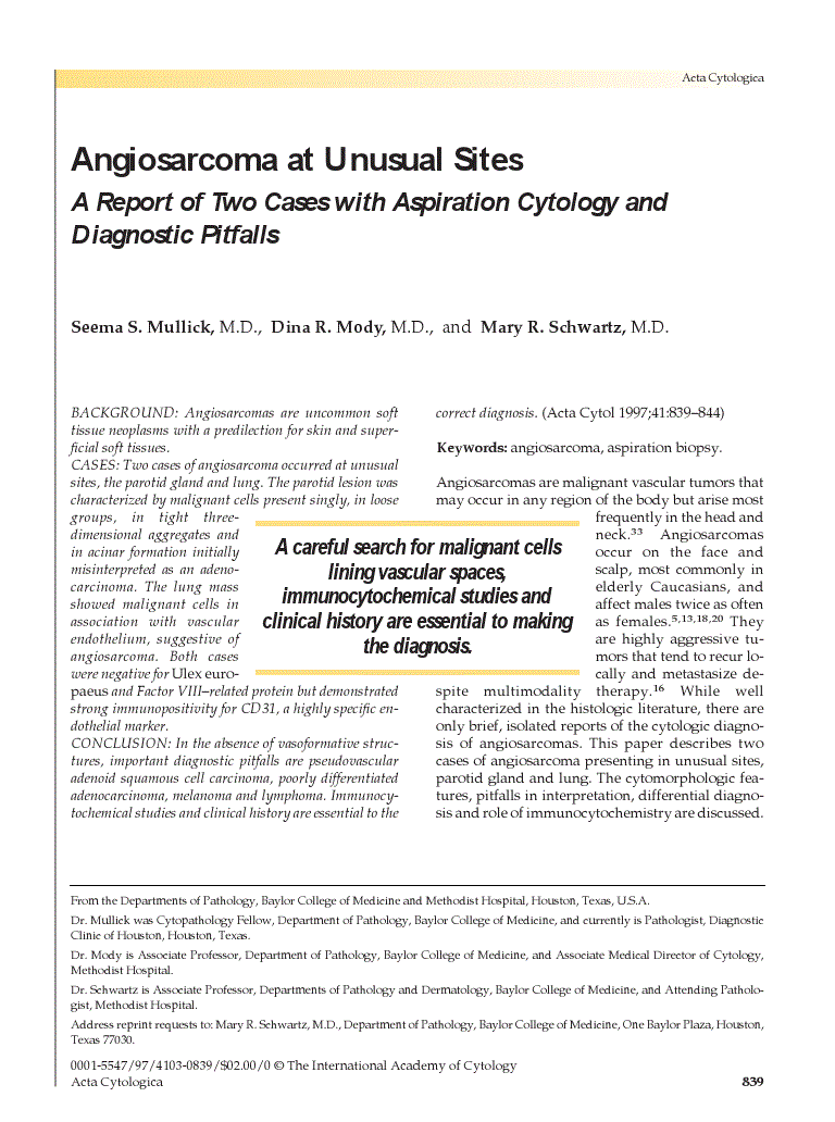 First page of Angiosarcoma at Unusual Sites<subtitle>A Report of Two Cases with Aspiration Cytology and Diagnostic Pitfalls</subtitle>