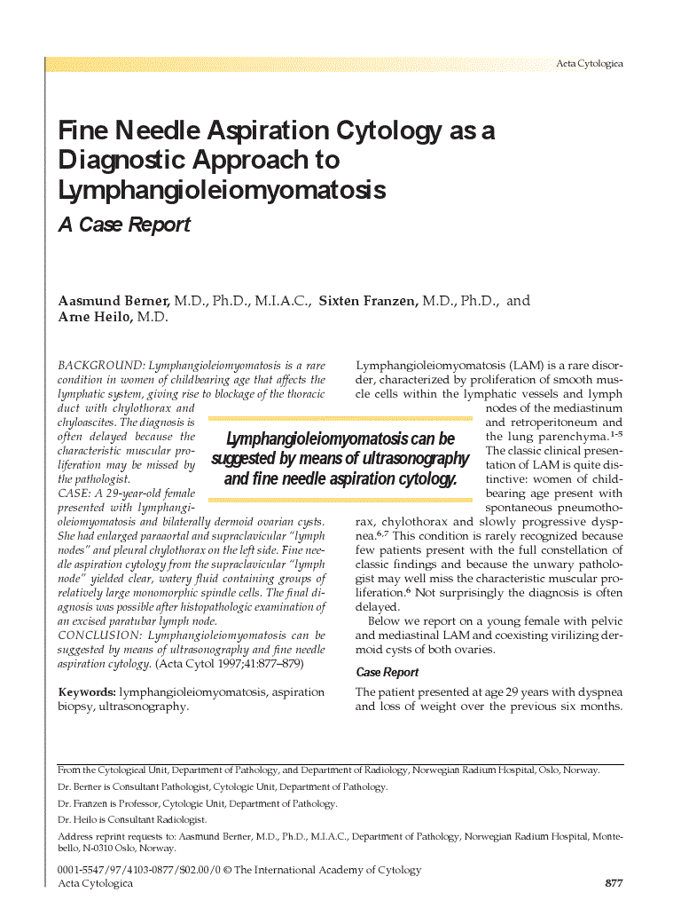 First page of Fine Needle Aspiration Cytology as a Diagnostic Approach to Lymphangioleiomyomatosis<subtitle>A Case Report</subtitle>
