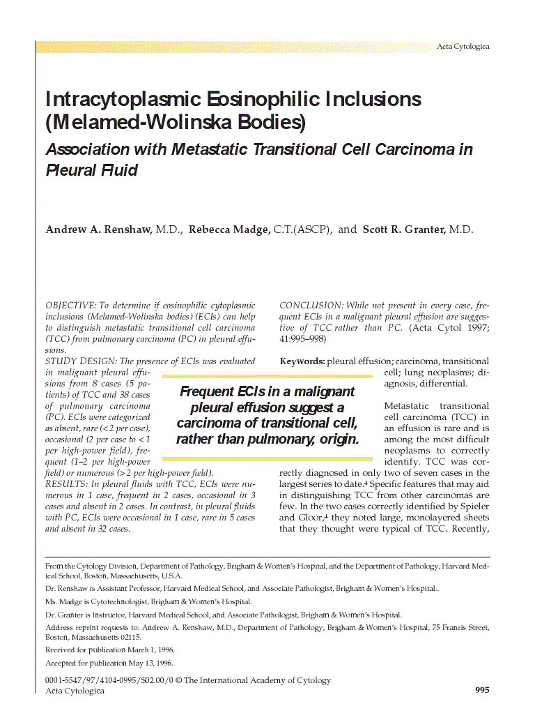 First page of Intracytoplasmic Eosinophilic Inclusions (Melamed-Wolinska Bodies)<subtitle>Association with Metastatic Transitional Cell Carcinoma in Pleural Fluid</subtitle>