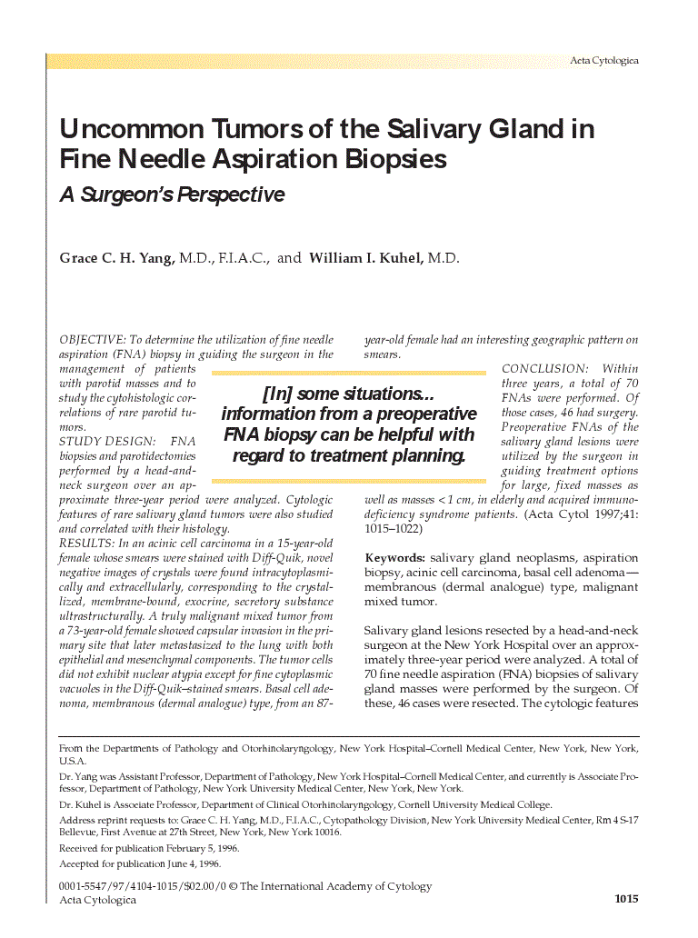 First page of Uncommon Tumors of the Salivary Gland in Fine Needle Aspiration Biopsies<subtitle>A Surgeon’s Perspective</subtitle>