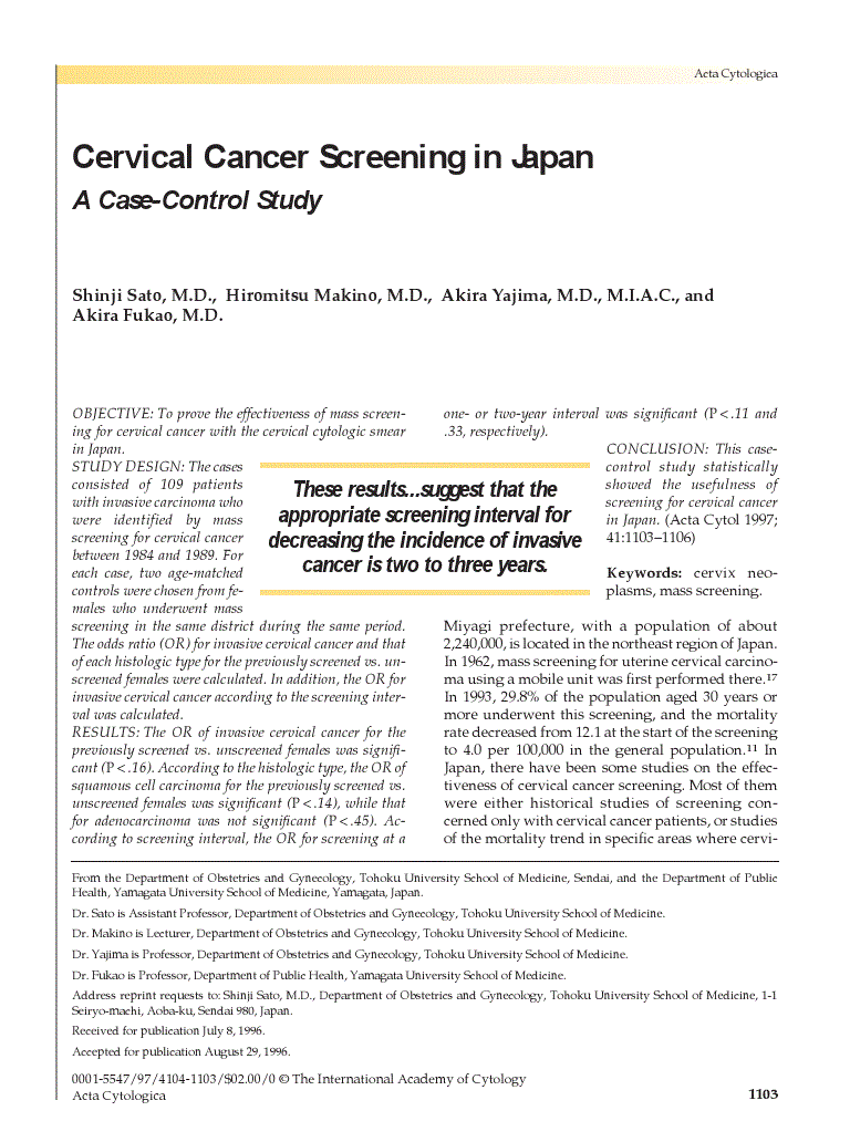 First page of Cervical Cancer Screening in Japan<subtitle>A Case-Control Study</subtitle>