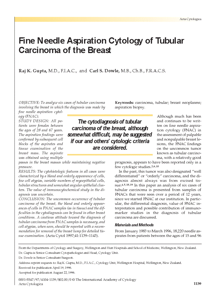 First page of Fine Needle Aspiration Cytology of Tubular Carcinoma of the Breast