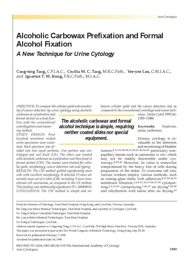 First page of Alcoholic Carbowax Prefixation and Formal Alcohol Fixation<subtitle>A New Technique for Urine Cytology</subtitle>