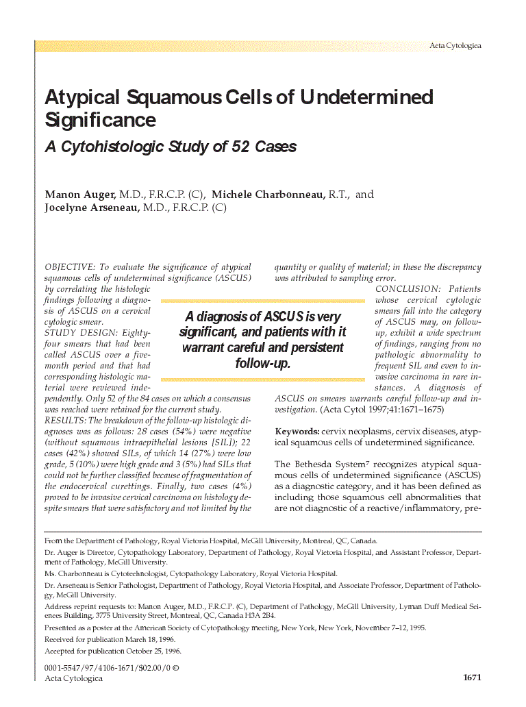 First page of Atypical Squamous Cells of Undetermined Significance<subtitle>A Cytohistologic Study of 52 Cases</subtitle>