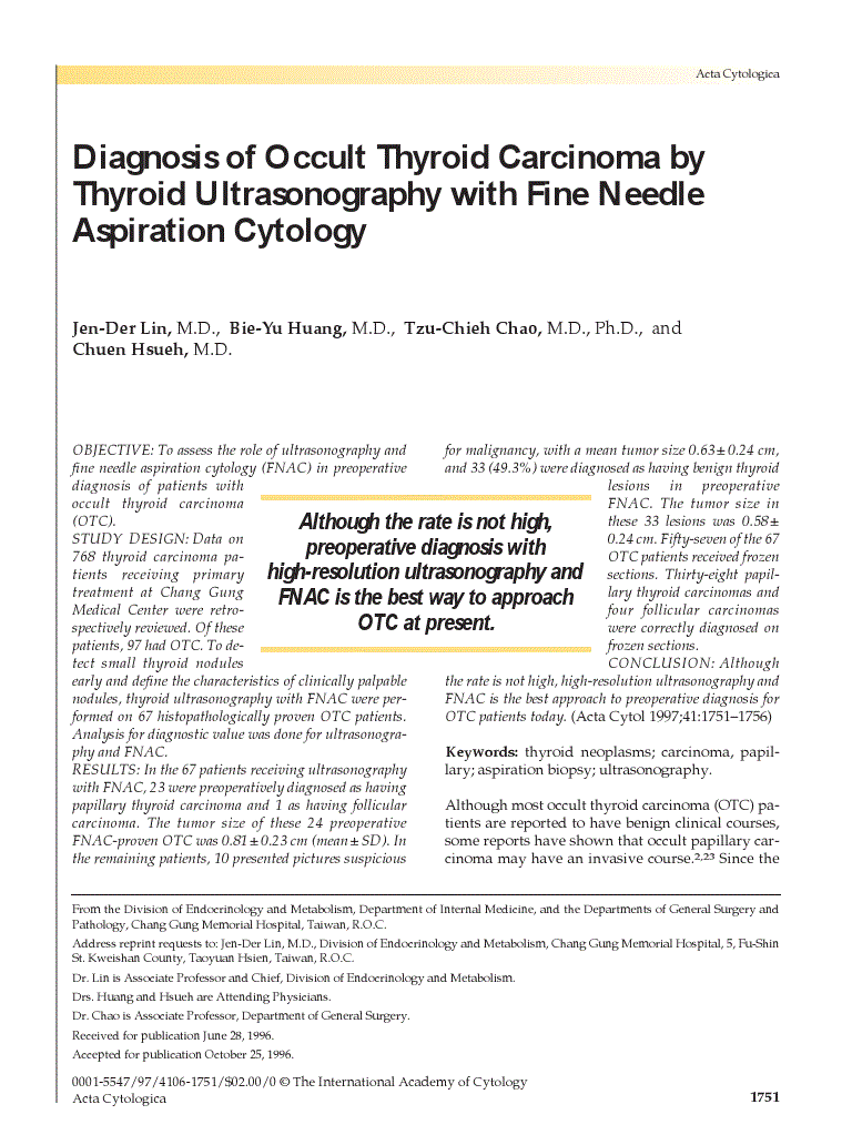First page of Diagnosis of Occult Thyroid Carcinoma by Thyroid Ultrasonography with Fine Needle Aspiration Cytology