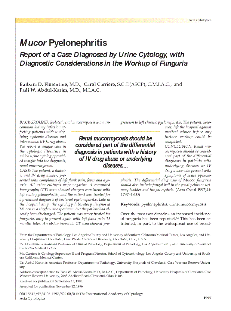 First page of <italic>Mucor</italic> Pyelonephritis<subtitle>Report of a Case Diagnosed by Urine Cytology, with Diagnostic Considerations in the Workup of Funguria</subtitle>