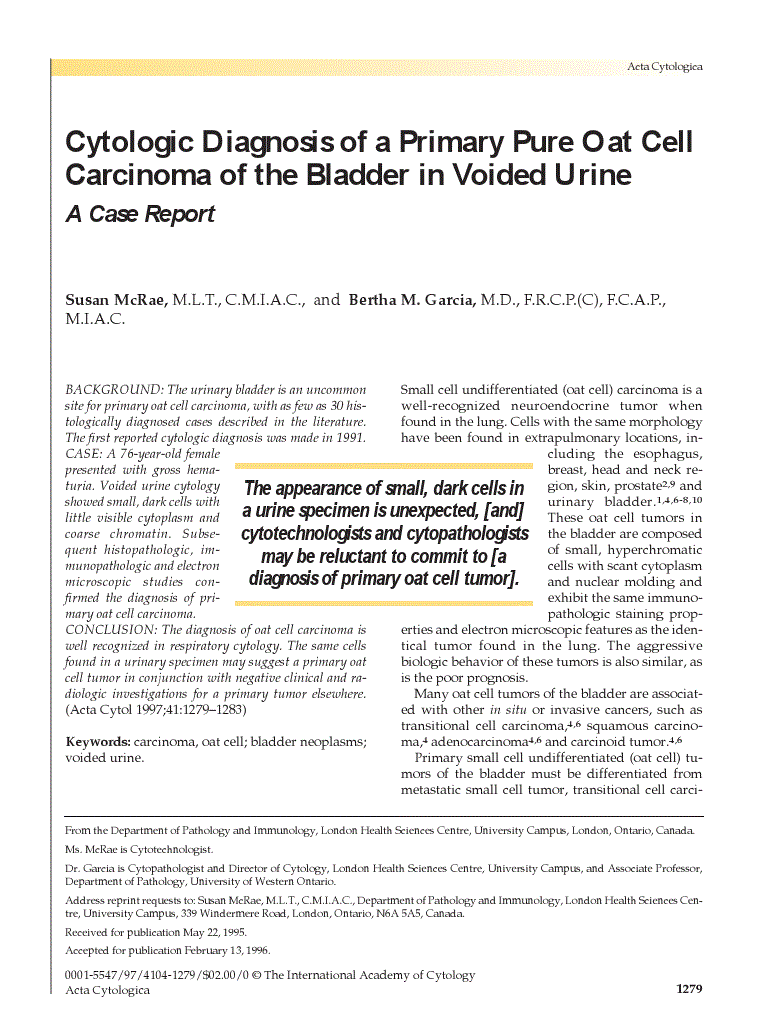 First page of Cytologic Diagnosis of a Primary Pure Oat Cell Carcinoma of the Bladder in Voided Urine<subtitle>A Case Report</subtitle>