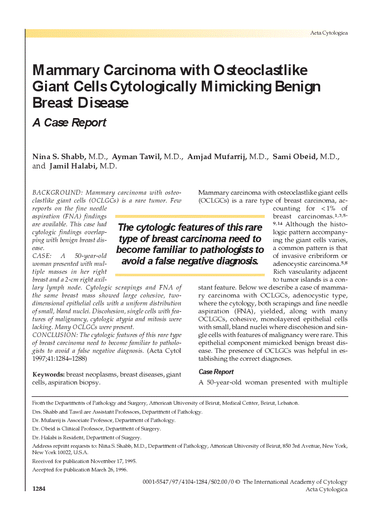 First page of Mammary Carcinoma with Osteoclastlike Giant Cells Cytologically Mimicking Benign Breast Disease<subtitle>A Case Report</subtitle>