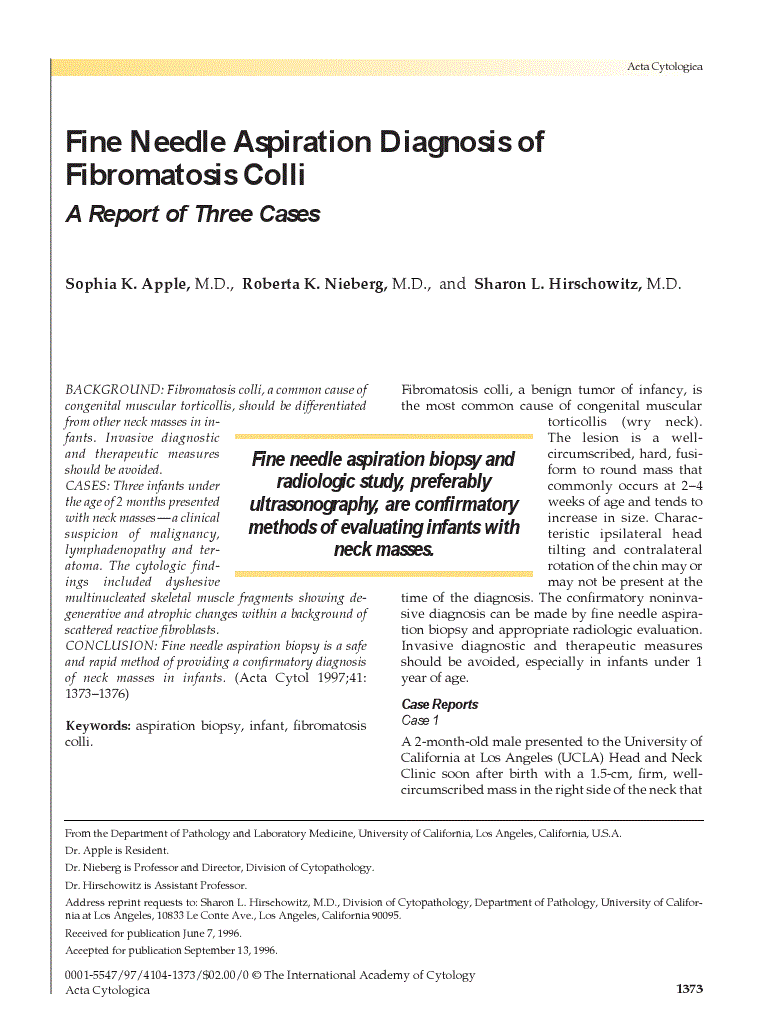 First page of Fine Needle Aspiration Diagnosis of Fibromatosis Colli<subtitle>A Report of Three Cases</subtitle>