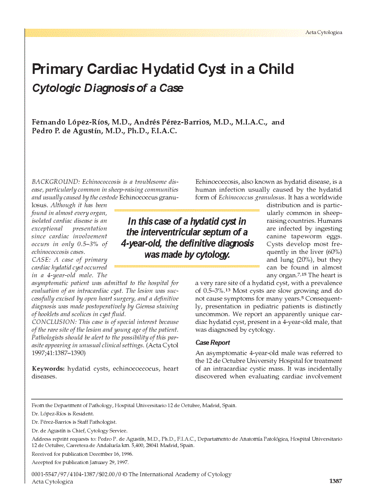 First page of Primary Cardiac Hydatid Cyst in a Child<subtitle>Cytologic Diagnosis of a Case</subtitle>