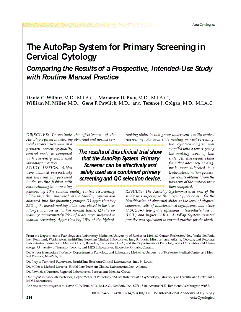 First page of The AutoPap System for Primary Screening in Cervical Cytology<subtitle>Comparing the Results of a Prospective, Intended-Use Study with Routine Manual Practice</subtitle>